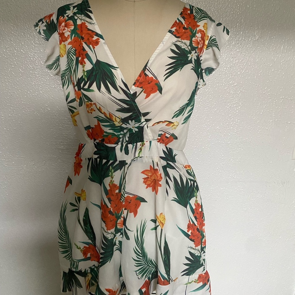 White Tie Back Tropical Romper